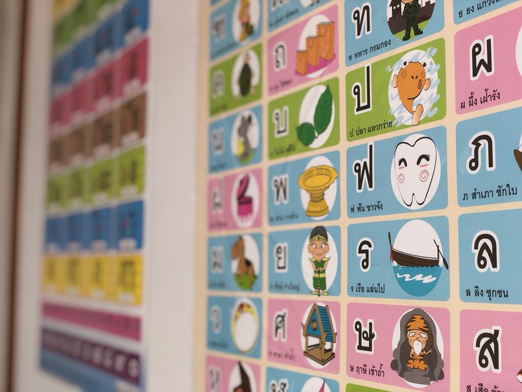 Close-up of the colourful Thai alphabet chart used in Kruu Ae's lessons